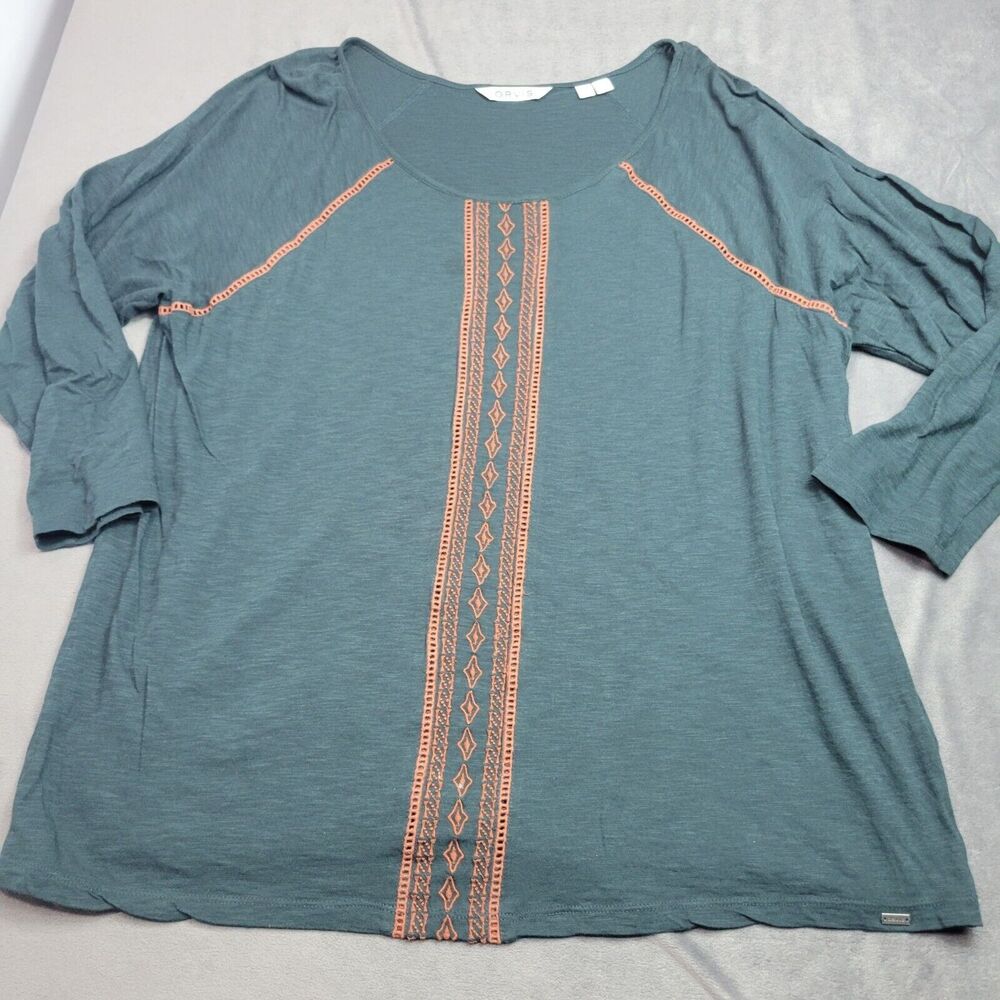 Orvis Womens XL Teal Boho Top With Orange Embroidery 3/4 Sleeves Cotton/Modal Bl